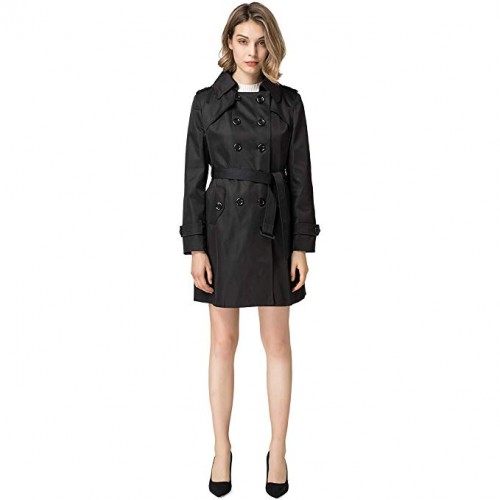 Women's Notched Lapel Long Jacket Double Breasted Mid Length Trench Coat with Belt